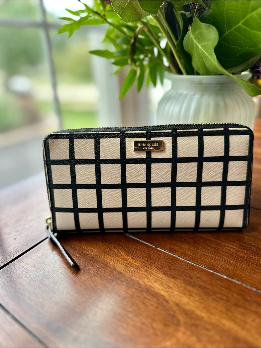 kate spade Black and White Grid Zip-Around Wallet